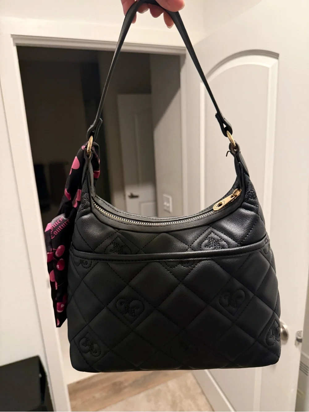 Juicy Couture Black Quilted Shoulder Bag with Pink Scarf Accent